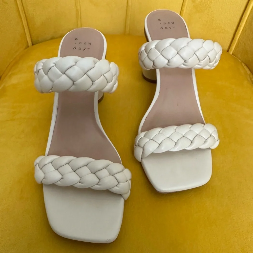 A New Day Women's Cream Braided Sandals, 3.5 inch heel, size 9